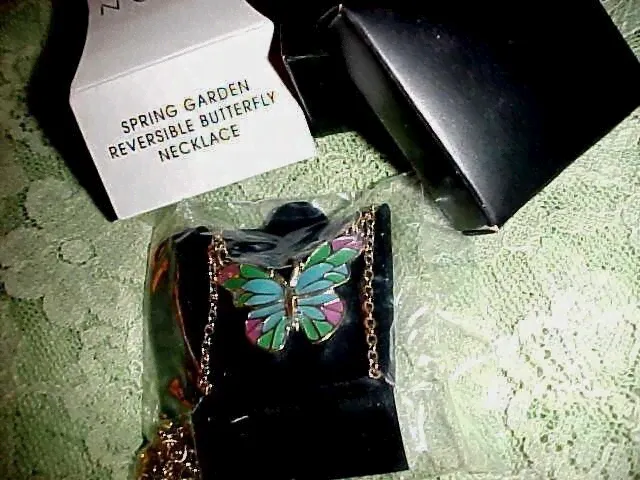 Vintage Goldtone Spring Garden Reversible Butterfly Necklace 2013..signed Avon
